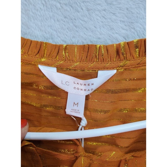 LC Lauren‎ Conrad Blouse Top Womens Medium Orange Gold Striped V Neck Drawstring - Picture 6 of 8